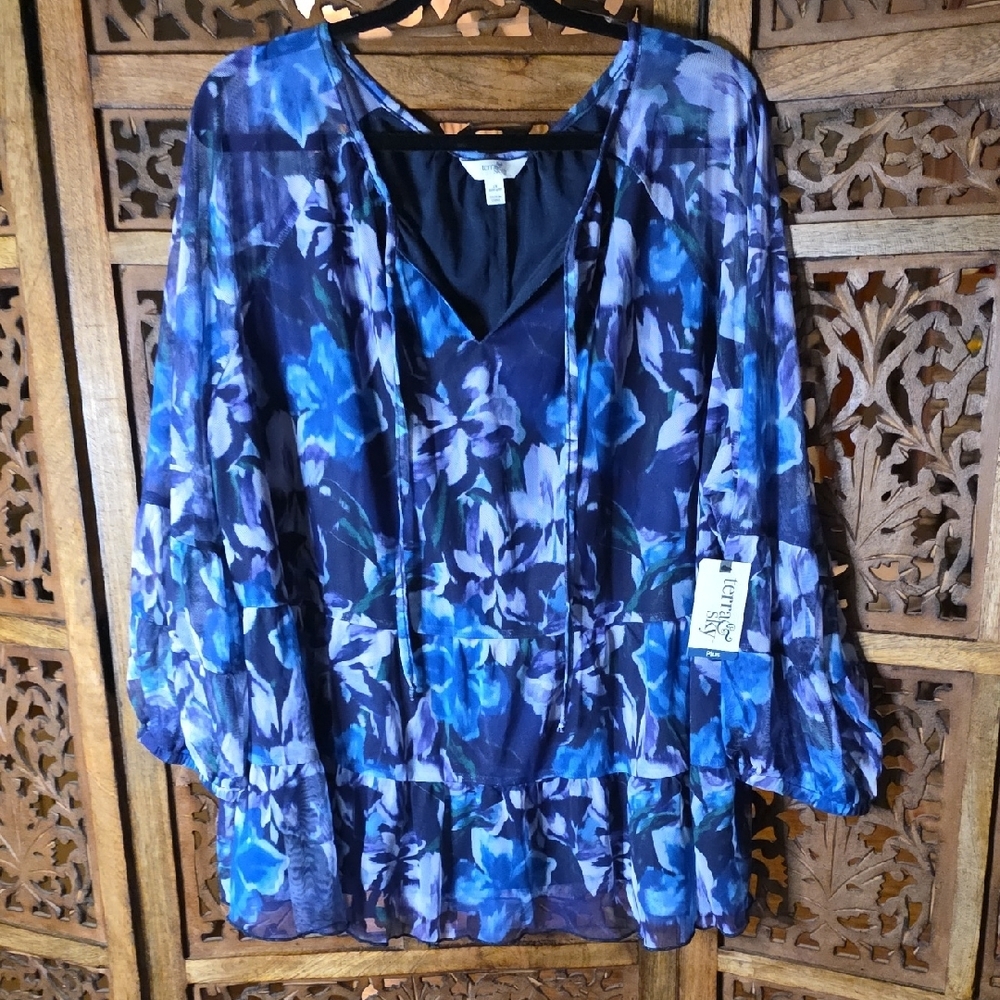 🌟 Terra & Sky Blue Floral Sheer Blouse